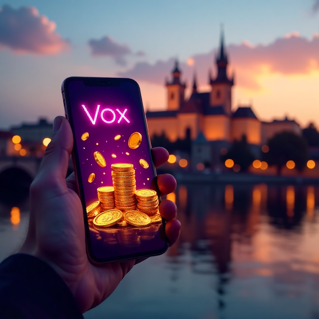 A hand holding a premium smartphone showing Vox Casino app, background featuring the Wawel Royal Castle in Krakow at golden hour, official brand neon purple and deep black colors, 3D golden coins and neon slot symbols flying out of the screen, hyper-reali